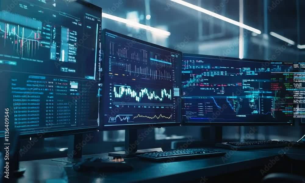 A high-tech workspace featuring multiple monitors displaying data analytics and graphs. A high-tech workspace featuring multiple monitors displaying data analytics and graphs.