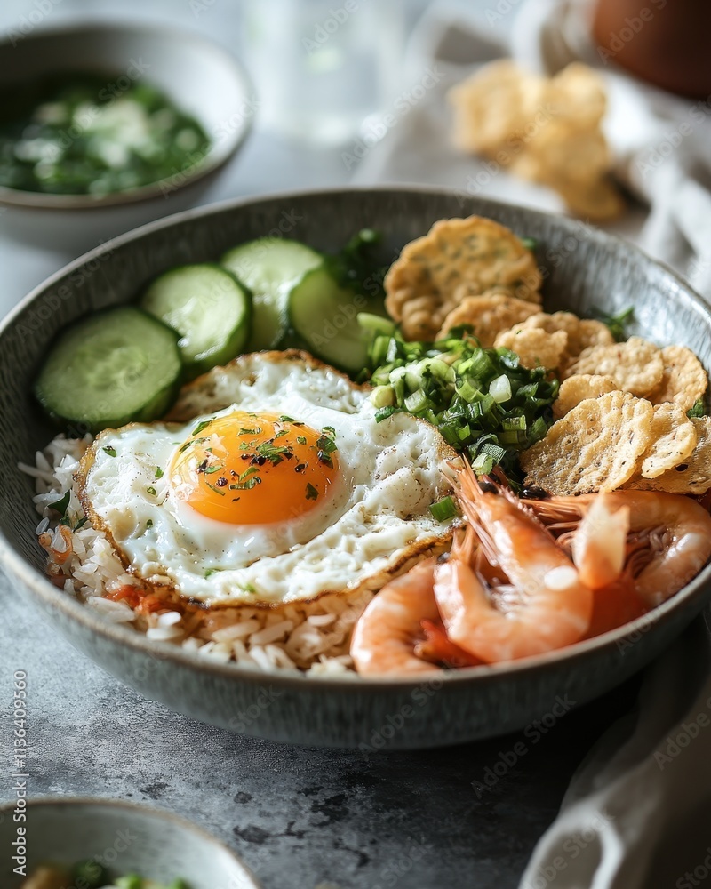 A bowl of rice topped with a fried egg, shrimp, cucumbers, and crackers, served with herbs. A bowl of rice topped with a fried egg, shrimp, cucumbers, and crackers, served with herbs.