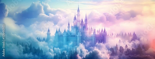 A fairytale castle sits above the clouds, a dreamy scene of fantasy. Soft focused, blurry slow motion panorama
