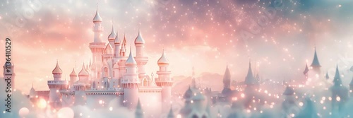 A fairytale castle bathed in soft, dreamy light. Soft focused, blurry slow motion panorama