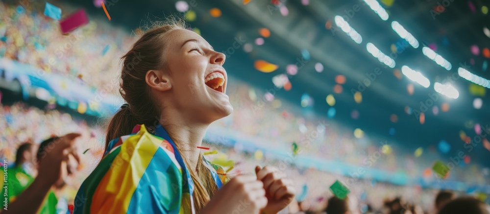 Obraz premium Delighted female fan smiling and celebrating the victory of the team she supports at a sports event in the stadium