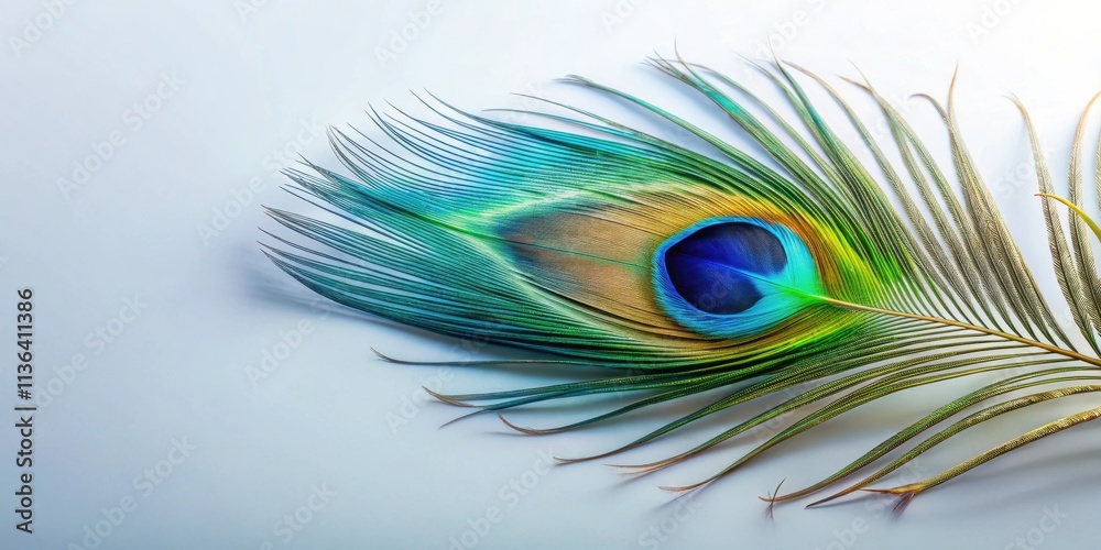Obraz premium A single iridescent peacock feather rests on a light blue background, showcasing its vibrant colors and intricate details.