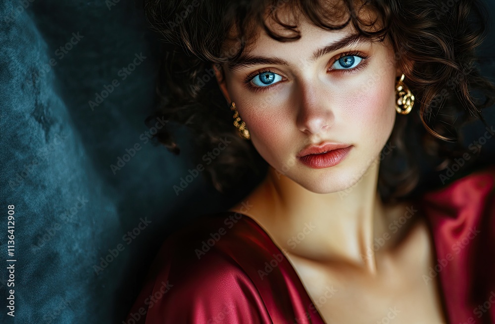 Beautiful woman with wavy hair in a dark red silk dress, wearing gold earrings and a necklace, with blue eyes, against a dark background Beautiful woman with wavy hair in a dark red silk dress, wearing gold earrings and a necklace, with blue eyes, against a dark background