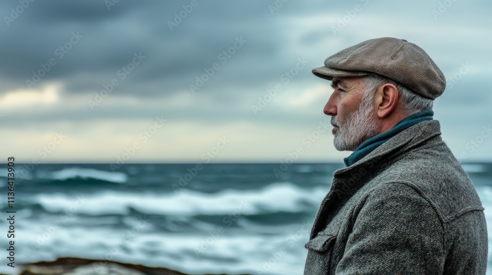 Elderly caucasian male in tweed coat gazing at stormy ocean horizon Elderly caucasian male in tweed coat gazing at stormy ocean horizon