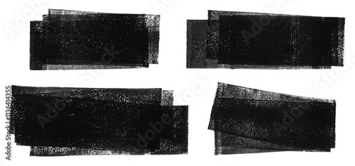 Linocut, relief printing horizontal layered rectangle grungy textures set. Black and white artistic linocutting text backgrounds, uneven edge. Paint roller stains collection, textured lino ink remains photo