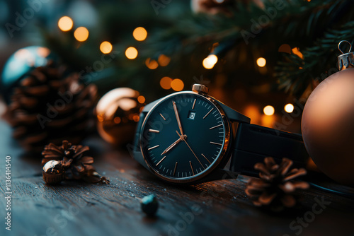 Elegant black and gold watch displayed with Christmas ornaments and warm festive lights, evoking a sense of timeless style and holiday cheer. photo