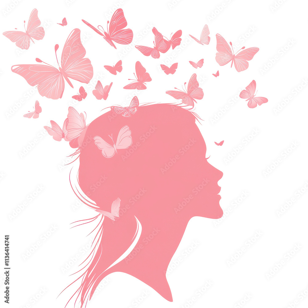Pink woman face and butterfly silhouette on vector illustration on transparent background Pink woman face and butterfly silhouette on vector illustration on transparent background