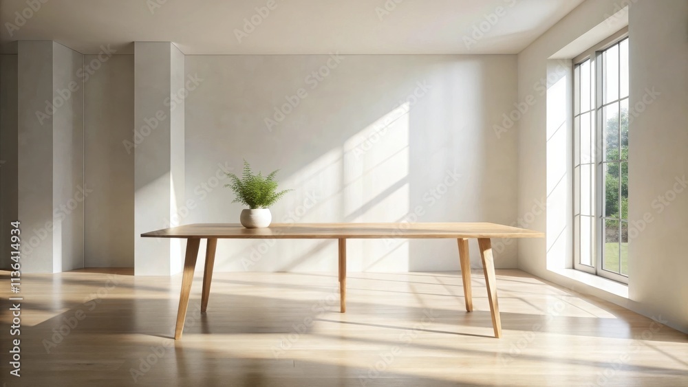 Fototapeta premium Light-filled room showcasing a minimalist light oak wood dining table with a small potted plant