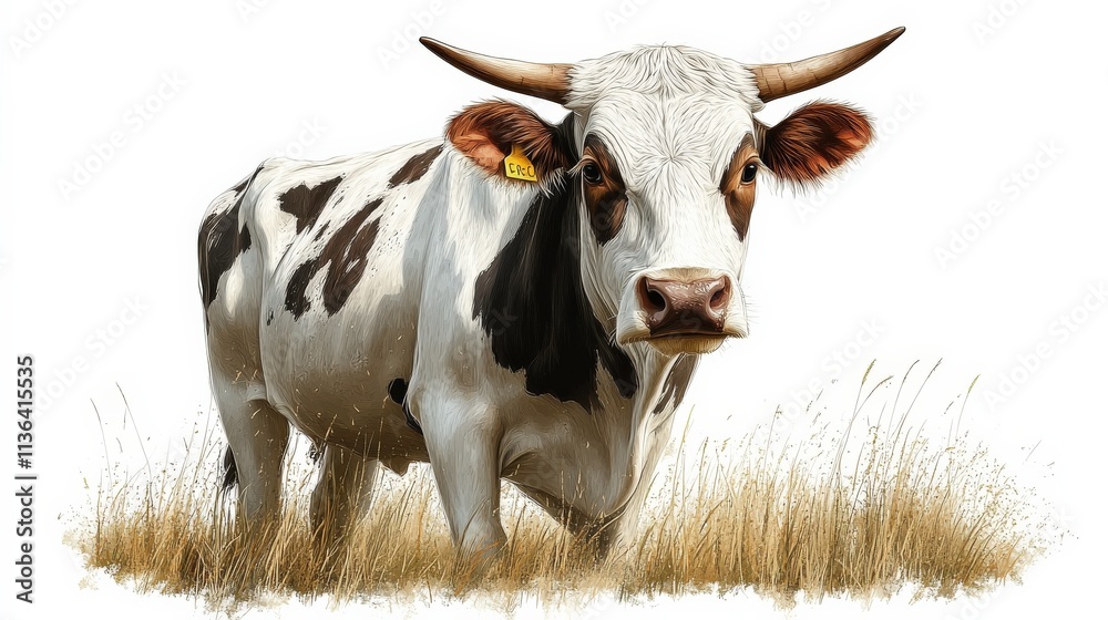 Realistic Illustration of a Brown and White Cow Standing in Tall Grass Against a White Background, Showcasing Detail and Texture in the Animal's Fur and Environment Realistic Illustration of a Brown and White Cow Standing in Tall Grass Against a White Background, Showcasing Detail and Texture in the Animal's Fur and Environment
