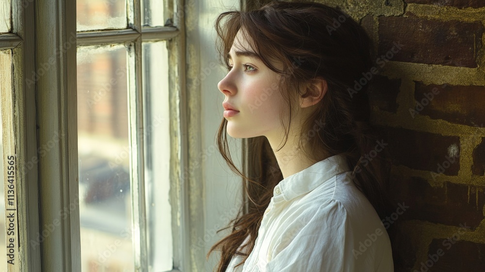 Pensive young caucasian female looking out window in natural light Pensive young caucasian female looking out window in natural light