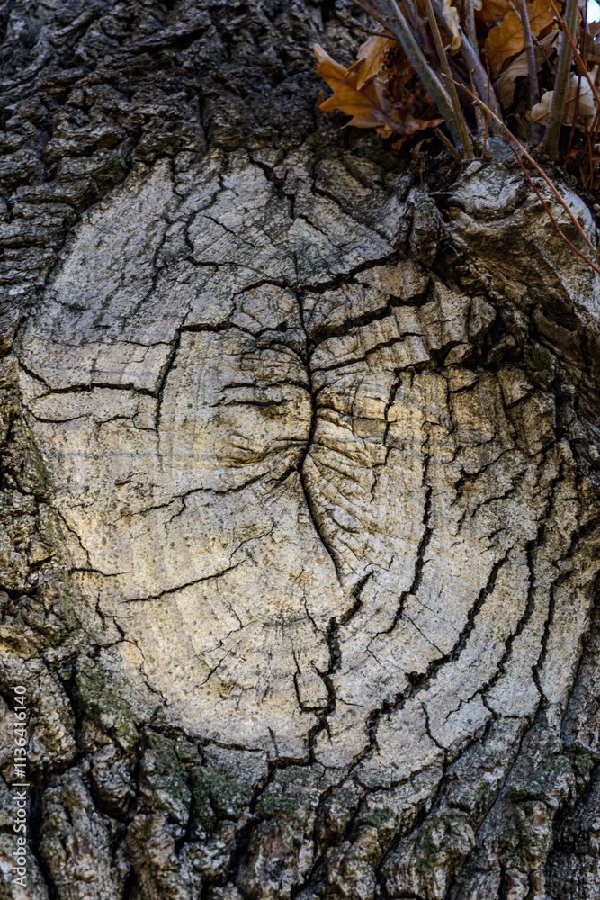 A cut branch overgrown with bark on the trunk of a large tree, the texture of the bark of a tree A cut branch overgrown with bark on the trunk of a large tree, the texture of the bark of a tree