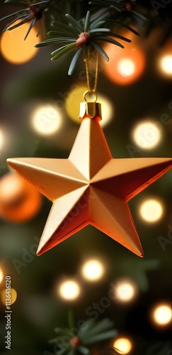 A golden star-shaped ornament hanging on a Christmas tree with green needles, surrounded by blurred multicolored lights in the background, capturing the warmth of the holiday season. photo