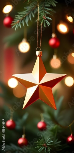 A golden star-shaped ornament hanging on a Christmas tree with green needles, surrounded by blurred multicolored lights in the background, capturing the warmth of the holiday season. photo