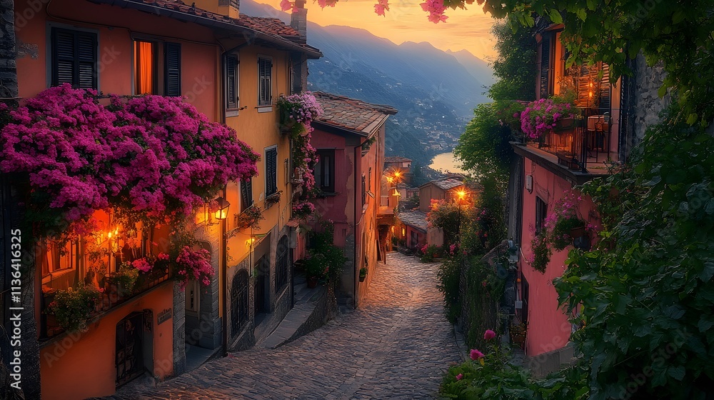 Fototapeta premium Cobblestone street&nbsp;in Italian village lined with colorful buildings. Balconies overflow&nbsp;with flowers, golden evening light highlights&nbsp;historic architecture and stone textures.