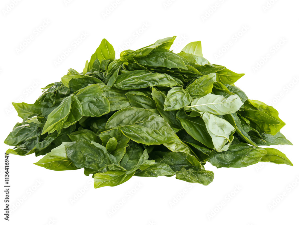 A pile of fresh basil leaves isolated on white background. Suitable for marketing or business purposes. PNG file A pile of fresh basil leaves isolated on white background. Suitable for marketing or business purposes. PNG file