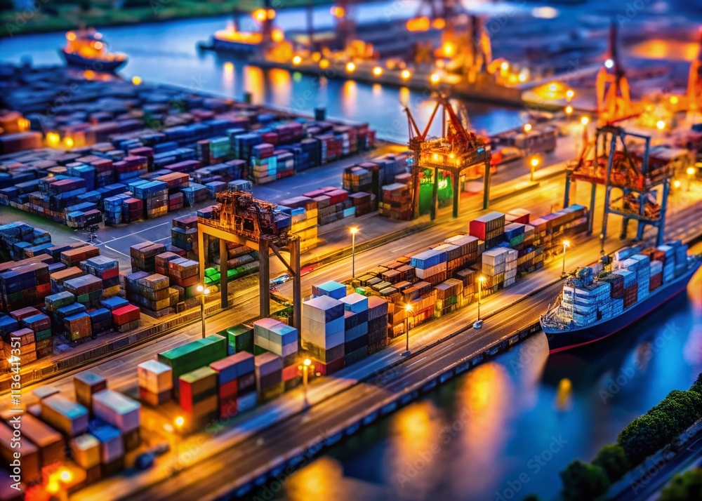 Aerial Night View Miniature City Logistics: Colorful Containers, Rivers, Cranes, Low Light Aerial Night View Miniature City Logistics: Colorful Containers, Rivers, Cranes, Low Light