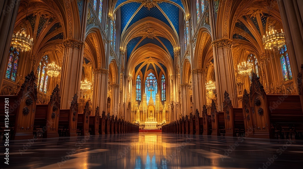 Cathedral interior showcasing grand architecture, intricate arches, and stained glass windows. Gilded altar and detailed frescoes bathed in colored light patterns through windows. Cathedral interior showcasing grand architecture, intricate arches, and stained glass windows. Gilded altar and detailed frescoes bathed in colored light patterns through windows.
