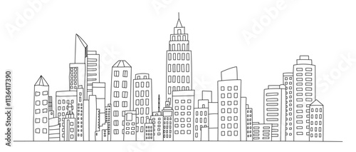 Hand drawn city skyline, Skyline showing several prominent buildings and hotels line vector