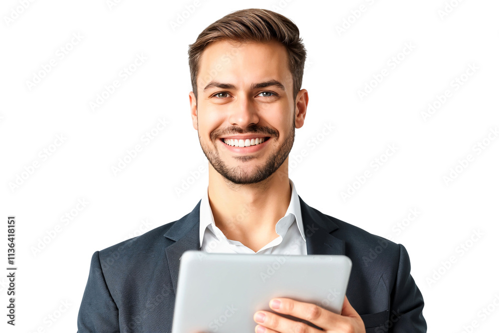 Portrait of a smiling businessman with tablet, business concept, isolated on white background Portrait of a smiling businessman with tablet, business concept, isolated on white background