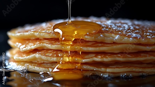 Golden Syrup Drizzling Over Fluffy Pancakes photo