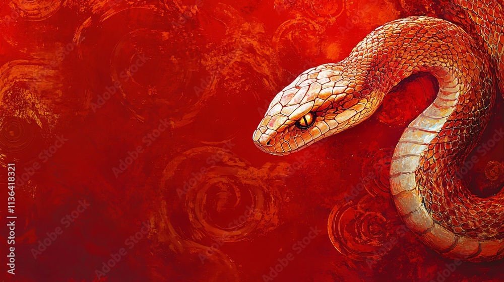 Fototapeta premium A striking serpent against a fiery red background, ideal for Year of the Snake celebrations, bold graphics, and captivating design projects.