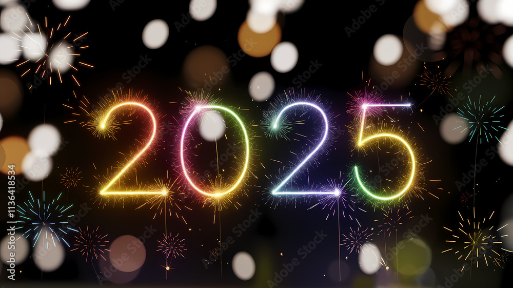 Happy New Year 2025 - Numbers And Fireworks In Glowing Sparkling Background - Festive Holiday Billboard With Creative Text