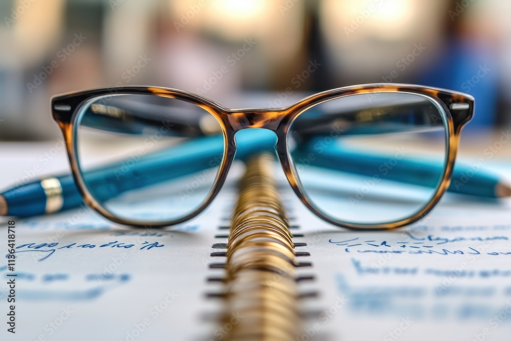 Detailed Close-up of handwritten notes highlighting key concepts, exam preparation, notes and organization Study essentials including glasses and blue pens are featured This image showcases Detailed Close-up of handwritten notes highlighting key concepts, exam preparation, notes and organization Study essentials including glasses and blue pens are featured This image showcases