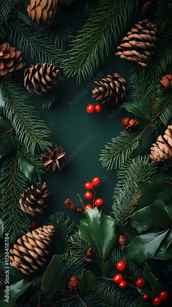 Wallpaper for christmas with green background, pine branches, cones, holly berries and christmas decoration Wallpaper for christmas with green background, pine branches, cones, holly berries and christmas decoration