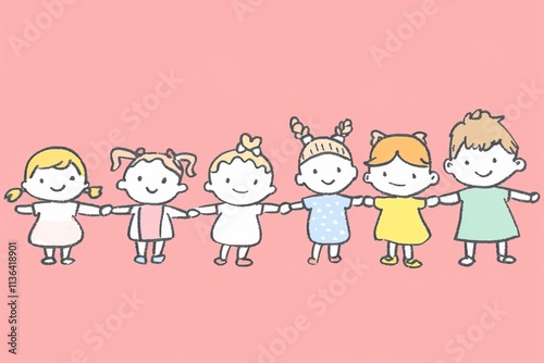 Cheerful cartoon kids holding hands on pink background.