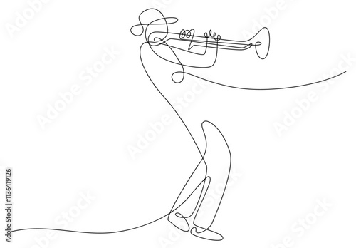 Man plays trumpet musical instrument line vector, musician playing trumpet 