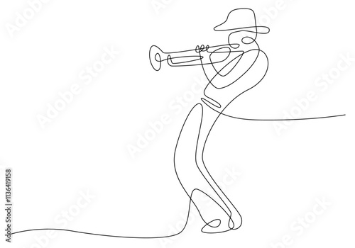 Musician playing trumpet, jazz man, man plays trumpet musical instrument line vector