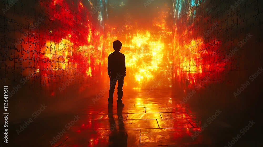 Child Silhouette Stands In A Glowing Puzzle Corridor