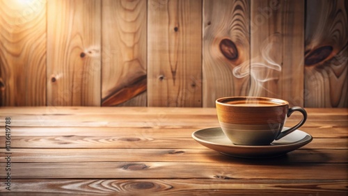 Aromatic Steam Rising from a Warm Cup of Coffee on Wooden Table