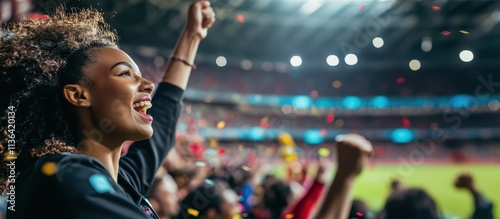 Wallpaper Mural Overjoyed female fan at soccer stadium cheers and celebrates the victory of the team she supports amidst confetti Torontodigital.ca