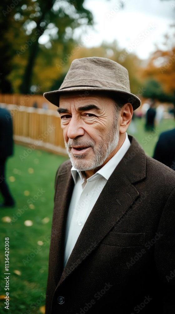 Middle-aged man engages in cheerful conversation in a vibrant park surrounded by nature and people Middle-aged man engages in cheerful conversation in a vibrant park surrounded by nature and people