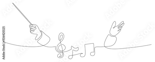 Conductor hand line vector, Continuous single one line art drawing of music conductor directing concert, conductor with music melody note 