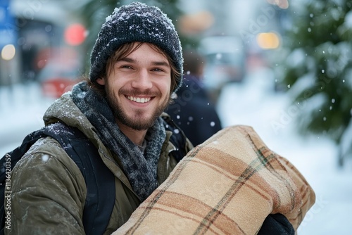 Heartwarming image of a volunteer, smiling brightly while distributing warm winter blankets to individuals experiencing homelessness This powerful outreach photo captures a moment of genuine kindness