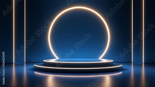 Background podium 3D light neon blue platform stage product abstract. Scene background 3D podium dark pedestal room glow studio empty stand floor night modern circle show space display game led black. photo