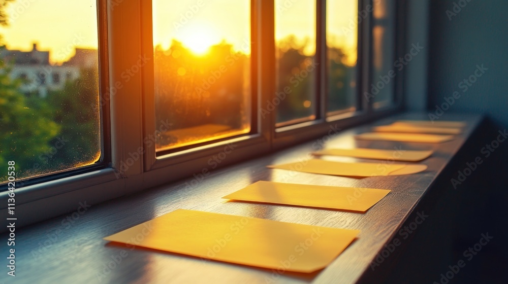 Fototapeta premium Maximize productivity with iconic sticky notes prioritizing key topics, ideal for exam preparation, and effective efficiency markers, organized on a windowsill during sunrise, highlighting study