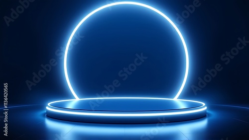 Background podium 3D light neon blue platform stage product abstract. Scene background 3D podium dark pedestal room glow studio empty stand floor night modern circle show space display game led black.