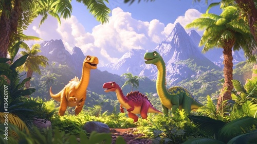 Three cartoon dinosaurs in a jungle, sunny.