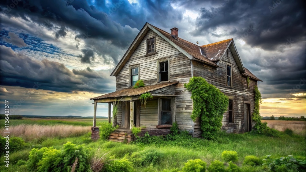 Obraz premium A weathered farmhouse, overtaken by nature, stands solitary under a dramatic sky