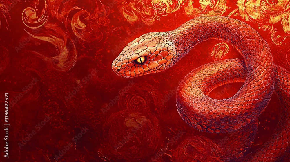Captivating snake against a fiery red background, perfect for Year of the Snake celebrations, tattoos, or mystical themes. Vibrant colors evoke power and allure. Captivating snake against a fiery red background, perfect for Year of the Snake celebrations, tattoos, or mystical themes. Vibrant colors evoke power and allure.