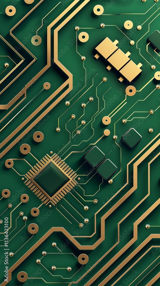 Abstract close-up of a green circuit board with golden patterns, showcasing intricate microchip designs and electronic components. circuitboard pattern design wallpaper Abstract close-up of a green circuit board with golden patterns, showcasing intricate microchip designs and electronic components. circuitboard pattern design wallpaper