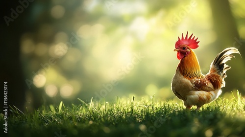 Proud rooster standing in green grass at sunrise in blurred forest background