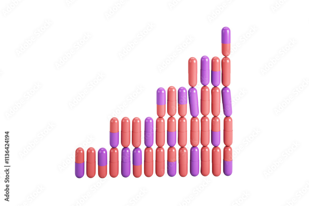 Red and purple capsules stacked in ascending order, forming a bar graph shape on a clean white background. Concept of healthcare trends. 3D Rendering. Red and purple capsules stacked in ascending order, forming a bar graph shape on a clean white background. Concept of healthcare trends. 3D Rendering.