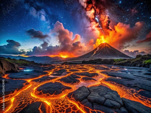 Vanuatu's Ambrym Volcano: Ethereal night shots capture glowing lava flows in a breathtaking low-light landscape. photo