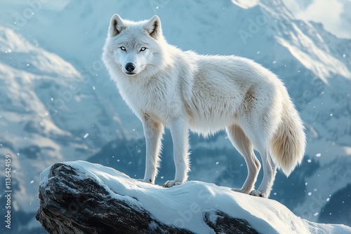 Arctic wolf standing on a snowy cliff, snow-capped mountains background