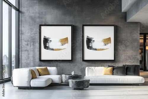 a living room with two paintings on the wall photo