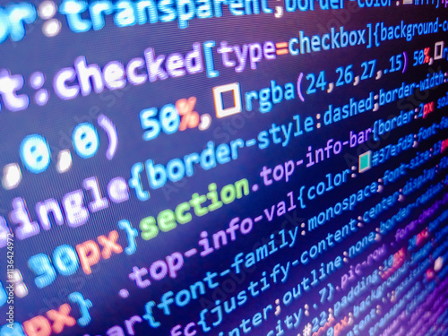 Blue software developer. Computer virus concept. Remote work search. Computer code on laptop web developing. Departure board. Website codes on monitor. Background to programmers job offer.